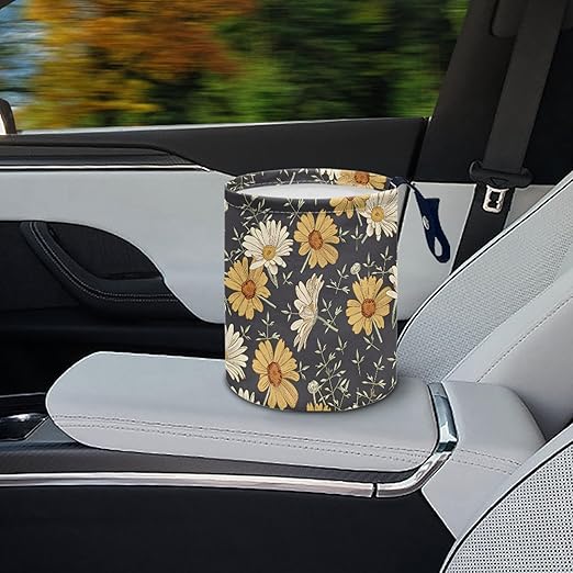 Car Trash Can with Hanging for Back Seat, Car Accessories for Women Men Automotive Garbage Cans Vehicle Trash Can for Truck SUVWihte Yellow Daisy