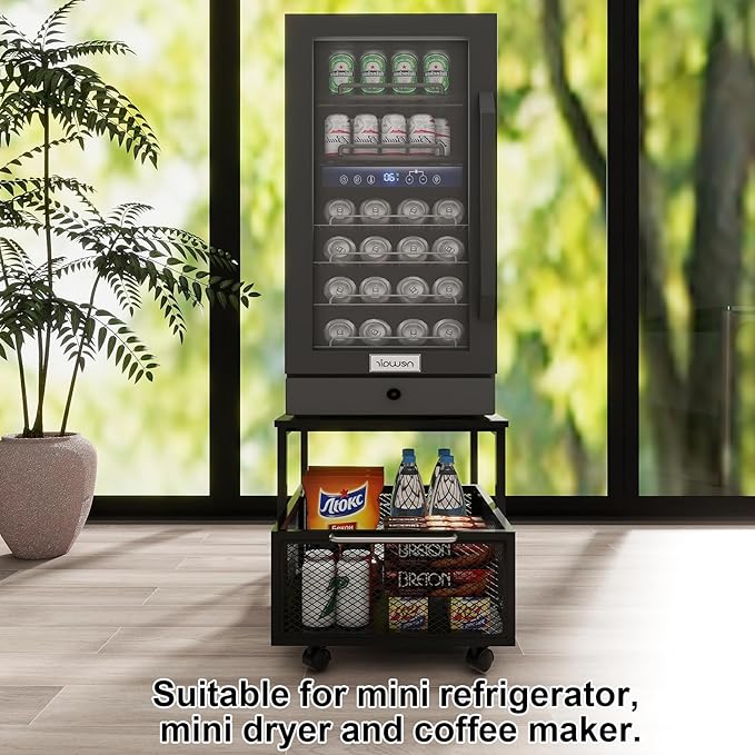PUNCIA 19.7x23.6in Mini Fridge Stand with Large Capicity Storage Sturdy Refrigerator Table with Lockable Wheels Rolling Fridge Cart Heavy Duty Appliance Platform for Dorm, Apartment,Office, Bedroom