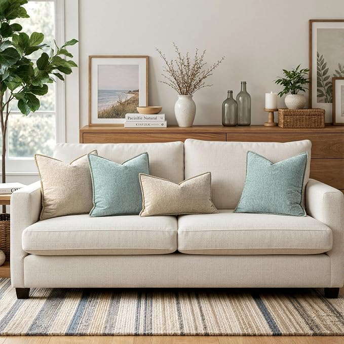 MIULEE Pack of 2 Summer Throw Pillow Covers 20x20 Inch Coastal Light Blue Farmhouse Cottage Decorative Pillow Covers Stitched Edge Soft Chenille Pillow Covers for Couch Sofa Bed Living Room,Aqua Haze