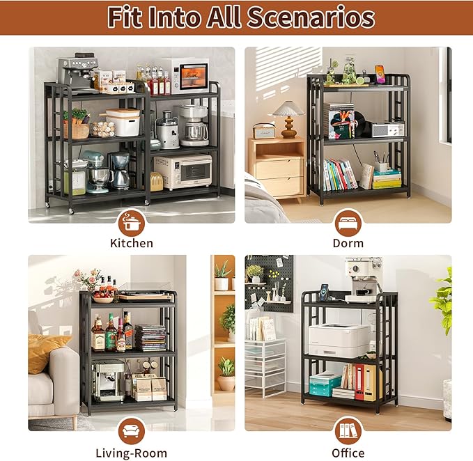 Bakers Rack with Power Outlet,Adjustable Microwave Stand with Storage,3-Tier Kitchen Shelves,Microwave cart Suitable for Kitchen,Dinning Room,Coffee Bar,Living, Black