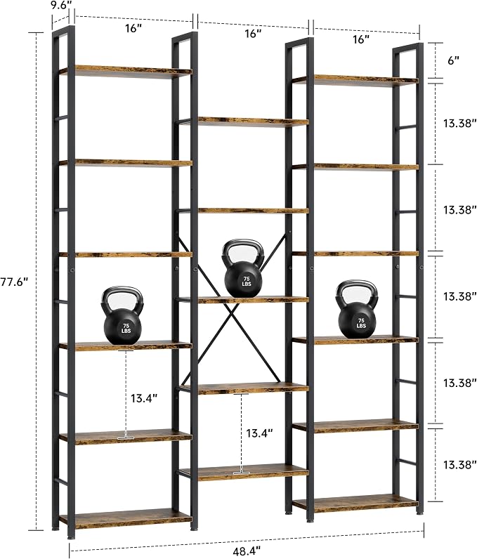 Shintenchi Triple Column 6 Tier Bookshelf, Industrial Large Bookcase Display Shelves, Large Etagere Bookshelf,Wide Book Shelf Book Case for Home & Office, Rustic Brown