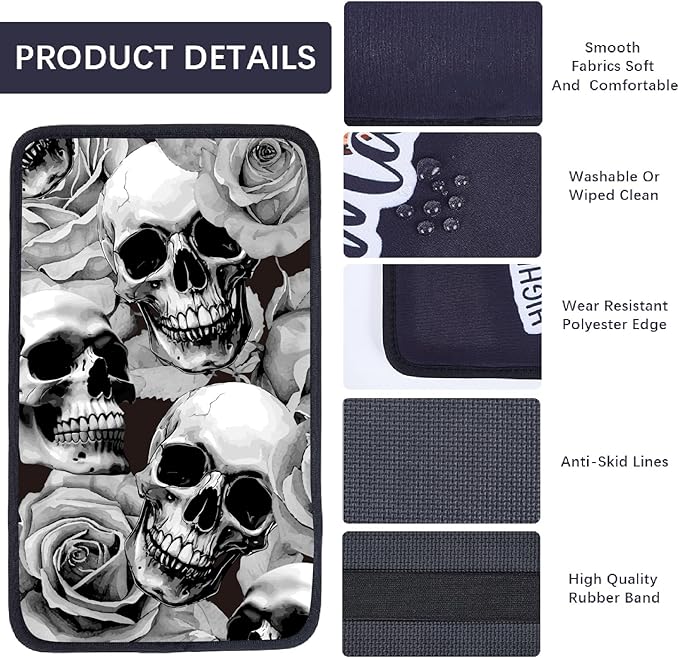 CREATCABIN Skull Auto Center Console Cover Car Armrest Pad Auto Armrest Storage Box Pad Soft Anti-Slip Lines Waterproof Car Accessories Interior with Elastic Band for Vehicle SUV Truck 12.6×7.5in