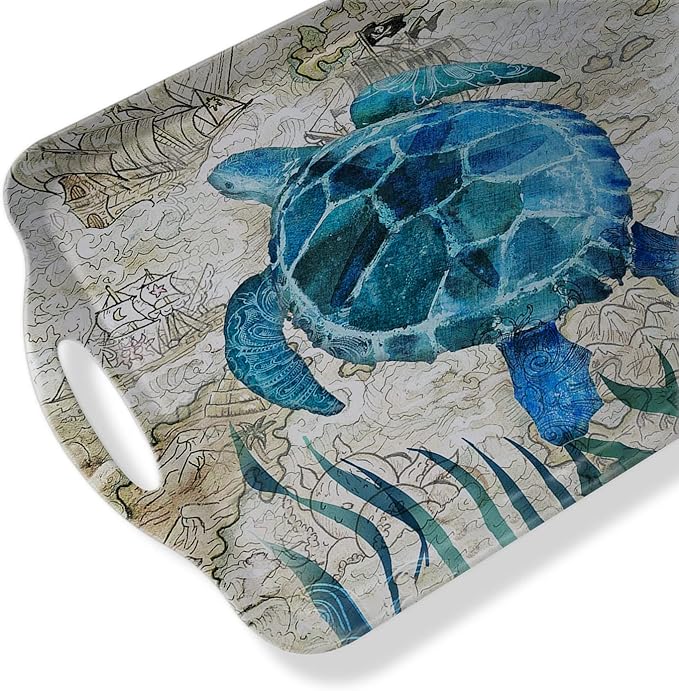 Serving Tray Decorative Tray with Handles Multi-Purpose Rectangular Serving Trays for Restaurant, Parties, Coffee Table, Kitchen - Retro Turtle