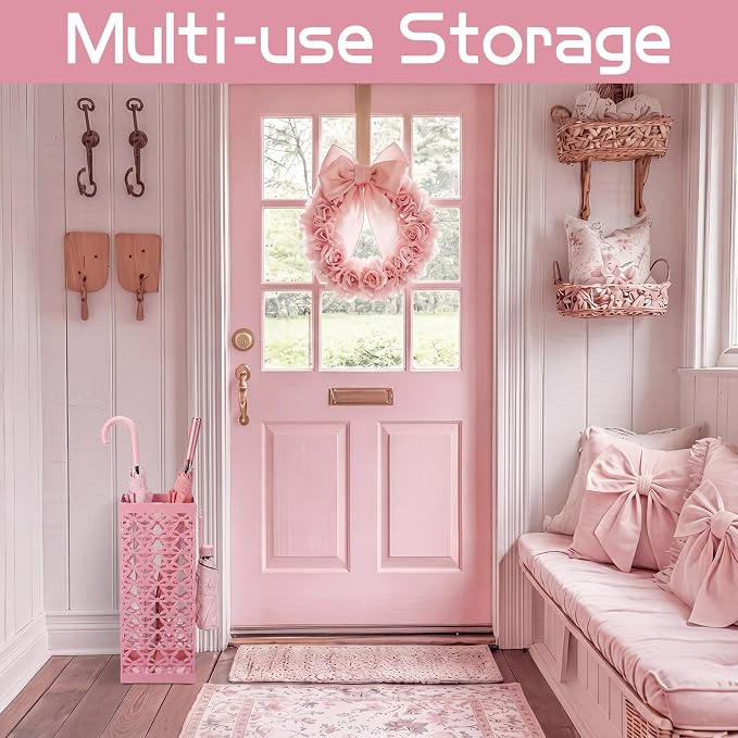 Hicarer Pink Bow Umbrella Stand Metal Umbrella Holder with Removable Drip Tray & 4 Hooks for Entryway Cute Coquette Square Freestanding Walking Sticks Storage Bin for Home Hallway, 16 x 6.3 x 6.3 Inch