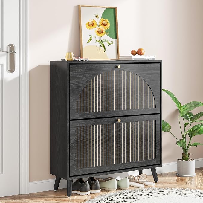 Fsbecl Shoe Storage Cabinet for Entryway with 2 Flip Drawers, Narrow Wood Shoe Cabinet with Fluted Panel, Freestanding Hidden Shoe Organizer for Foyer, Hallway (Black - with Shelf)