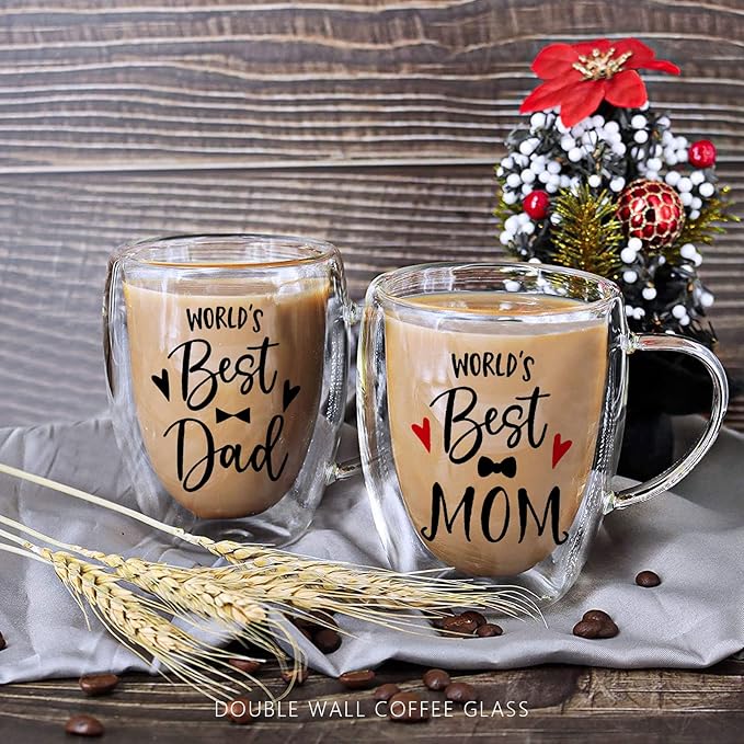 350ml Double Wall Glass Coffee Mugs Set, Clear Insulated Glass Mugs for Hot Beverages, Suitable for Tea, Latte, Espresso, Cappuccino (12 oz Dad Mom)