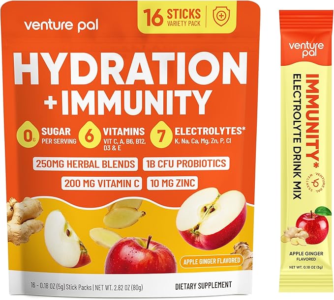 Venture Pal 2-in-1 Hydration + Immune Electrolytes Powder Packets with 7 Electrolytes & 6 Vitamins, Elderberry, Turmeric, Echinacea | Liquid Daily IV Drink Mix | Sugar Free | Keto Friendly, 16 Sticks