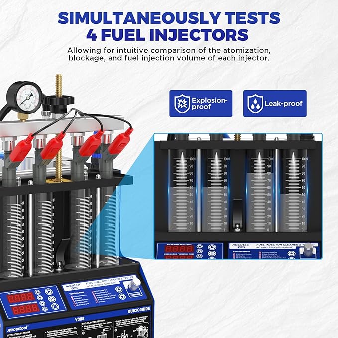 MR CARTOOL V308 Injector Cleaner Machine 4-Cylinder, 110V Injector Cleaner Tester Machine Heated Ultrasonic Fuel System Injection Cleaning Kit for Diesel Gasoline Car Motorcycle