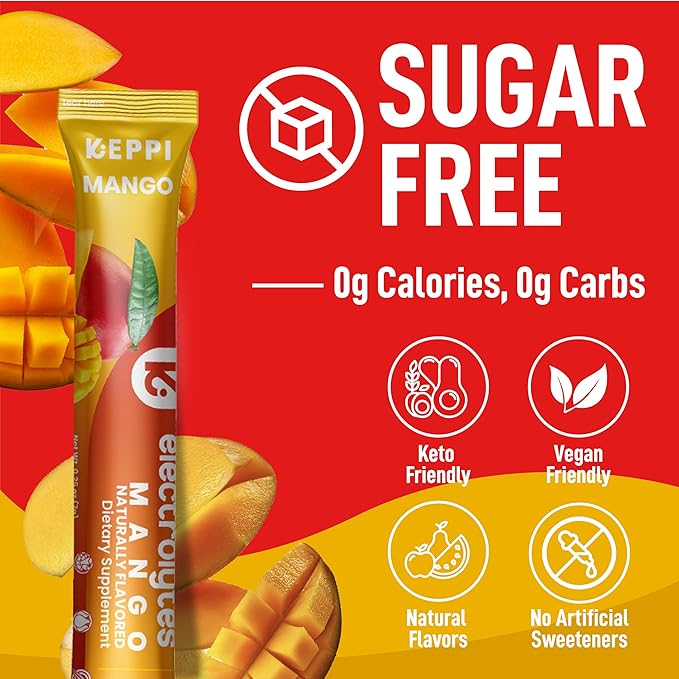 Keppi Electrolytes Powder Packets – Mango Flavor 30 Servings – No Sugar Hydration Supplement with Potassium, Magnesium, Sodium – Keto, Vegan, Fasting-Friendly, Zero Calorie Hydration Packets