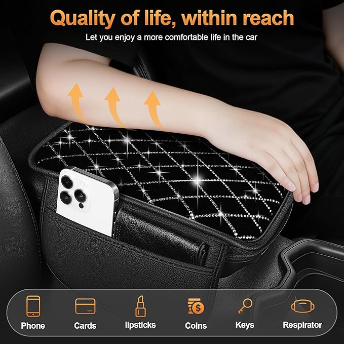 Center Console Cover Fit for Kia Soul 2010-2025 with 2 Storage Bags Quilted-Studded Leather Quilted Pattern Car Armrest Cover Cushion Anti-Slip(Black&Quilted)