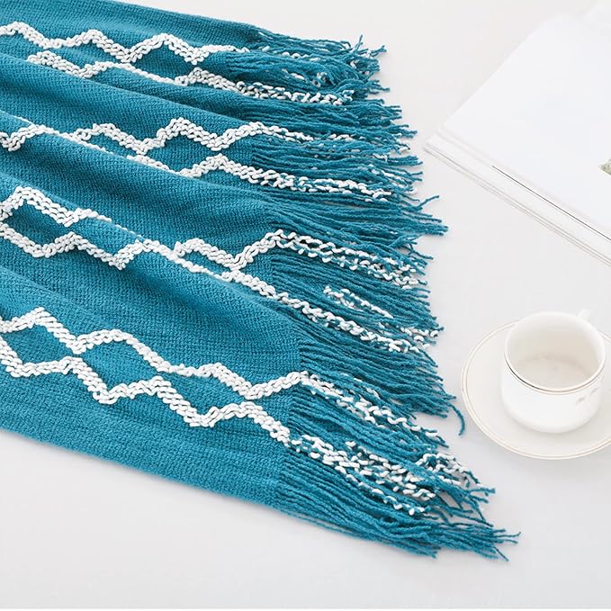 BOURINA Fluffy Chenille Knitted Fringe Throw Blanket Lightweight Soft Cozy for Bed Sofa Chair Throw Blankets, Teal 50" x 60"