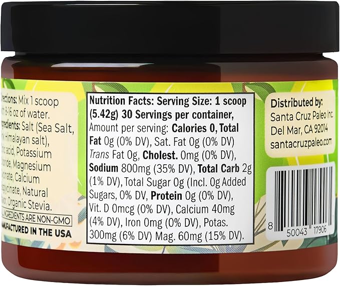 Santa Cruz Paleo Electrolyte Powder, Lemon Lime Flavor, Sugar Free Hydration Drink Mix with Himalayan Pink Salt, Sea Salt, Magnesium Glycinate, Potassium Chloride, Sweetened with Stevia, 30 Servings