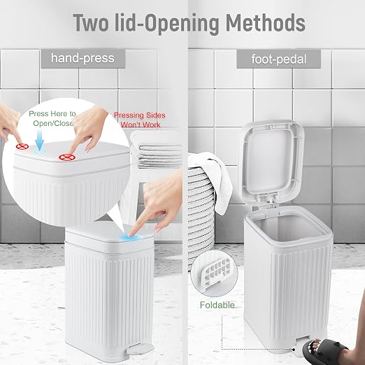 rejomiik Small Bathroom Trash Can with Lid Slim Soft Close Garbage Can Step Wastebasket Container Trash Bin for Office Bedroom Kitchen Living Room (2.6 Gallon White)