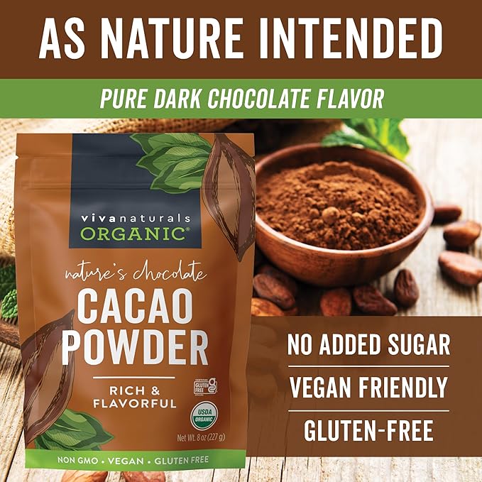 Organic Cacao Powder, Unsweetened, 8 oz (227 g) – Rich Dark Chocolate Flavor, Perfect for Baking, Smoothies & Hot Chocolate – Vegan, Keto, Paleo, Non-GMO & Gluten-Free Cocoa Powder