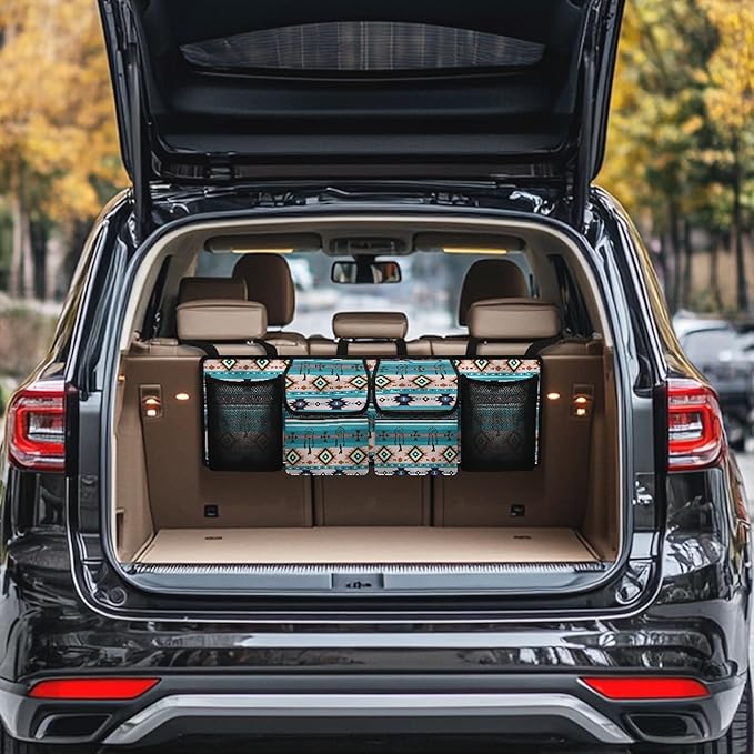 CLOHOMIN Blue Aztec Trunk Organizer for Car Fashion Car Storage Oraganizer Washable Back Seat Hanging Storage with 4 Large Pockets Multi Cargo Storage Bag for SUV Car Sedan