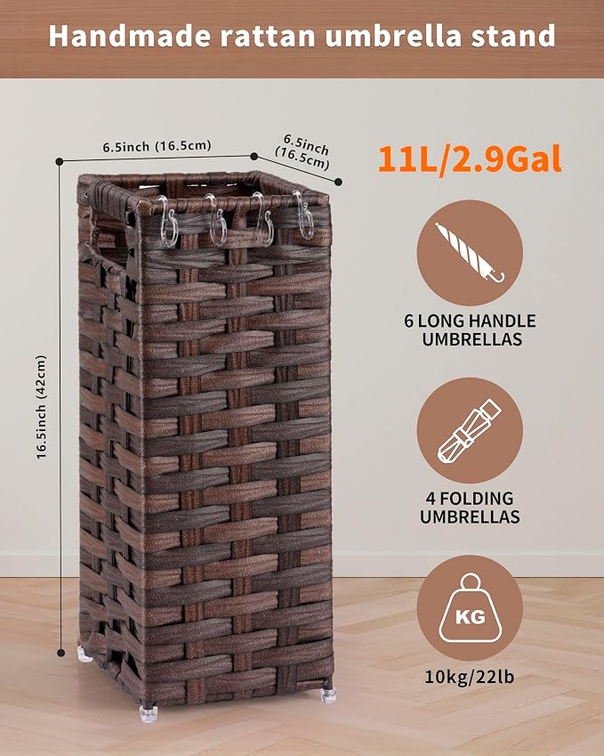 Rattan Umbrella Stand, Umbrella Holder for Entryway, Hand Woven Umbrella Rack Organizer Freestanding, with a Detachable Drip Tray, 4 Hooks, 6.5" L x 6.5" W x 16.5" H, Brown