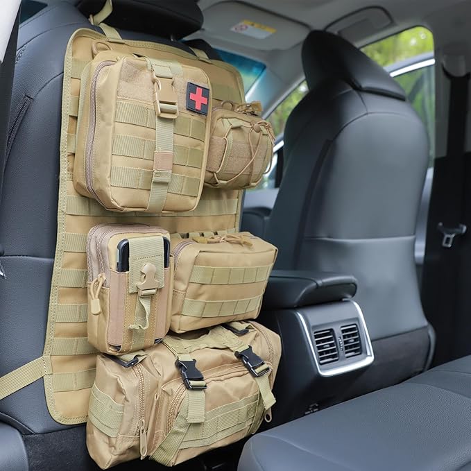 truck seat organizer and storage tactical car back seat back organizer with a Molle Vehicle Panel and 5 Different Size Molle Pouches for most models such as Jeep,SUV,Pickup (Khaki)