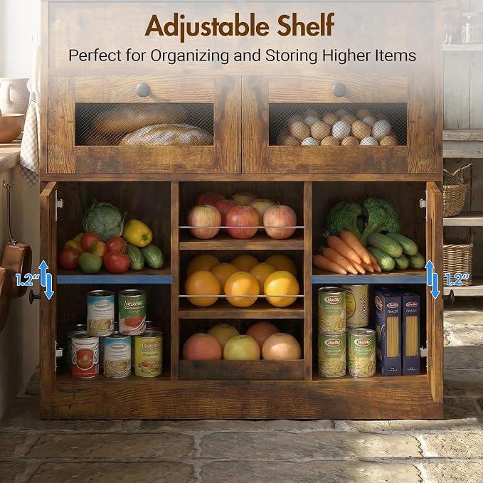 Wooden Potato and Onion Storage Bin with Lid, Potato Bin with 2 Mesh Drawers, 5-Tier Fruit & Vegetable Cabinet with Mesh Doors, Rustic Kitchen Organizer with Adjustable Shelves for Pantry (31.9")