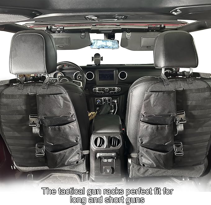 SUNPIE 2 Pcs Seat Back Truck Gun Rack，Automotive Gun Racks with Molle Panel Universal Seatback Storage Pockets Tactical Car Seat Back Organizer for Hunting Accessories Storage,Black