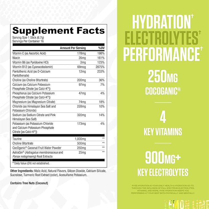 RYSE Hydration Electrolyte Powder Drink Mix Packets - Lemon Lime - Sugar-Free Full Spectrum Electrolytes with Essential Vitamins, Taurine and Choline for Rehydration - 16 Serving Sticks