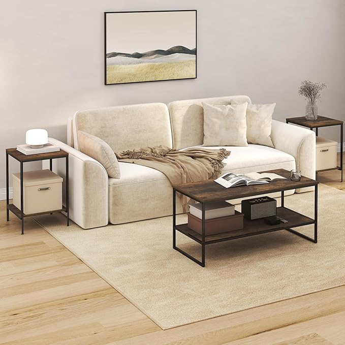Furinno Simplistic Coffee Table and End Table Set of 3, Modern Metal Frame 2-Tier Coffee Table & 2 Square Side Tables, Night Stands Set, for Living Room, Bedroom, Home Office, Amber Pine