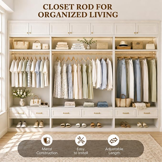 Heavy Duty Closet Rod, 17-54 IN Closet Rods for Hanging Clothes, Gold | Stepless Adjustable, Supports up to 66 lbs, Multiple Size Options, Easy Installation, Multi Purpose , Wall-Mounted