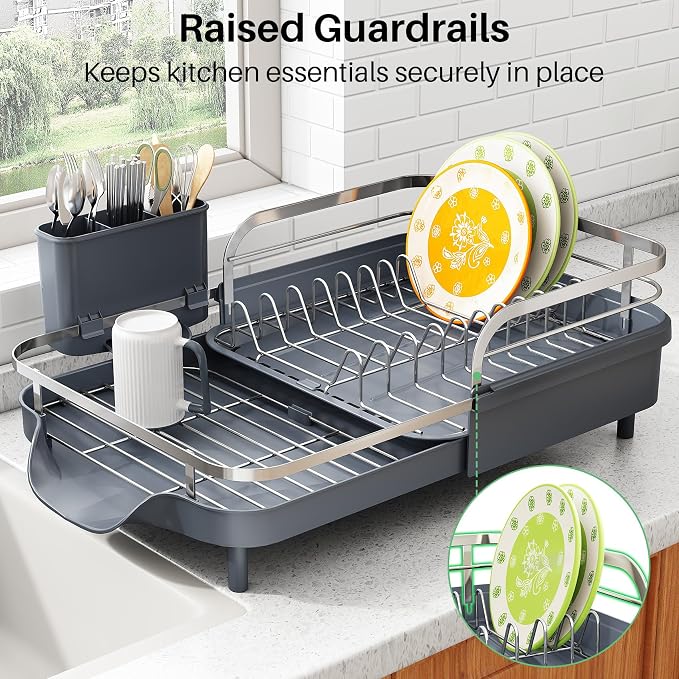 SAYZH Dish Drying Rack - Expandable Dish Rack for Kitchen Counter, Rust-Resistant Dish Drainer with Utensil Holder and Raised Guardrail, Kitchen Organizer for Cup and Bottle (Grey)