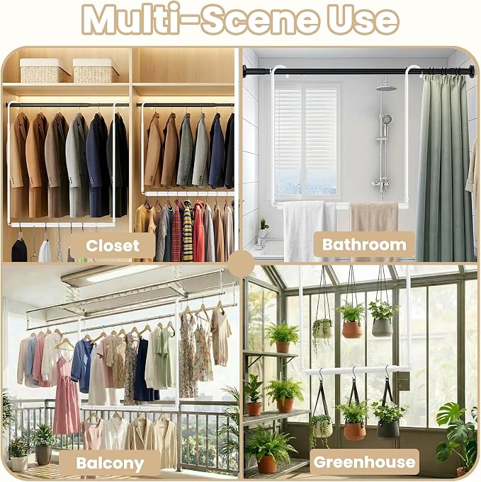 2 Pack Stepless Extender Closet Hanging Rod - Heavy Duty Closet Rods for Hanging Clothes, Adjustable Width & Height, Space-Saving White Closet Organizer for Hanging & Drying, Easy to Install