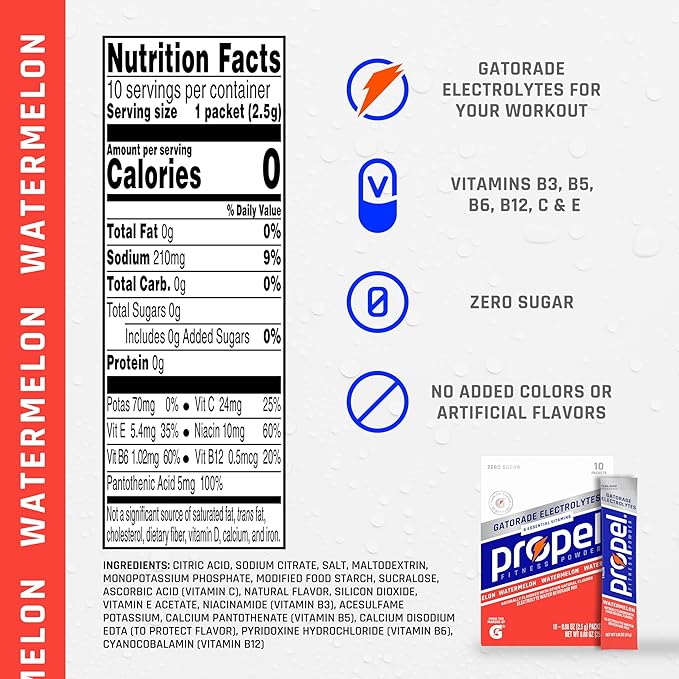 Propel Electrolyte Enhanced Water Drink Mix Powder Packets,Watermelon,Zero Calorie & Zero Sugar Hydration with Electrolytes and Vitamins C & E,(Pack of 2)