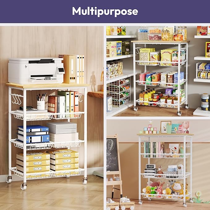 SWTYMIKI Rolling Kitchen Storage Cart - 4 Tier Microwave Table Stand with 6 Storage Baskets, Coffee Bar with Wheels, Kitchen Utility Cart Shelf Rack Organizer for Fruit, Vegetables, Potato (White)