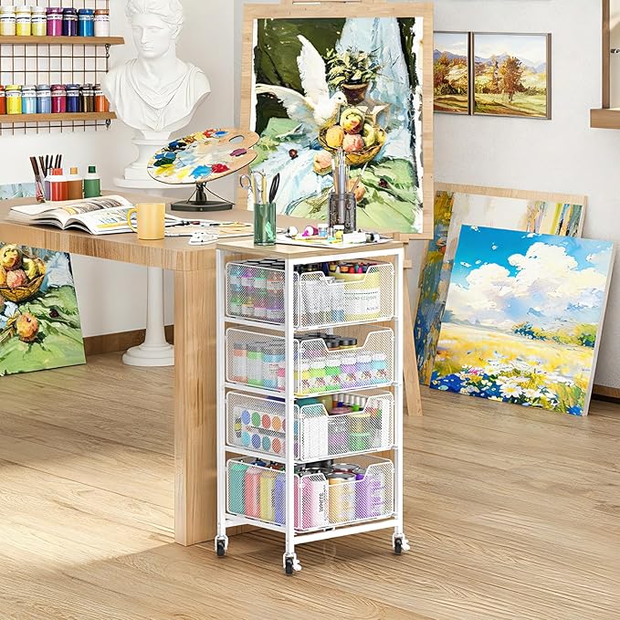 Rolling Cart with Drawers, 4-Tier Utility Cart Storage Organizer with Lockable Wheels, Metal Craft Storage Cart with Wooden Top for Kitchen, Bathroom, School, Studio, Office, Bedroom, White