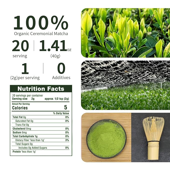 Organic ceremonial grade matcha powder for matcha latte preparation First Harvest 1.41oz(40g) tin 100% Pure Premium Unsweetened Matcha Morning energy boost for Iced matcha drinks Smoothie additive Baking ingredient