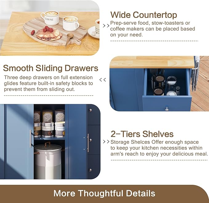 SUNLEI Kitchen Island on Wheels with Storage Cabinet & Foldable Drop Leaf, Rolling Kitchen Table, Cart Handle for Towel Rack, Drop Leaf, Portable Islands for Kitchen (Classic Blue, 39.7-INCH)