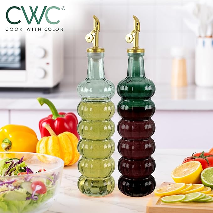 COOK WITH COLOR Glass Olive Oil Bottle Dispenser - 2 Pack- 17oz Oil and Vinegar Cruet - Olive Oil Carafe Decanter for Kitchen, Elegant Waves, Green