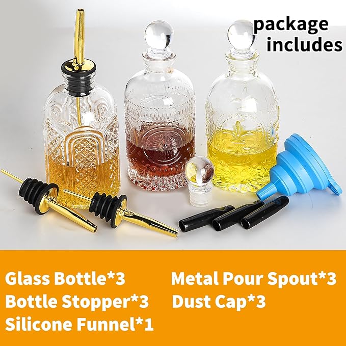 Syrup Dispenser Bottles Set of 3, Simple Syrup Bottle for Coffee Bar Accessories,7 oz Glass Coffee Syrup Containers for Maple Honey Syrup Oil, with Metal Pour Spouts, Stoppers,Condiments Dispenser