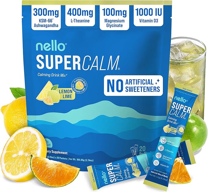 Nello Supercalm Powdered Drink Mix, Cortisol Reducer* and Sleep Aid Supplement, L Theanine, Ksm-66 Ashwagandha, Magnesium Glycinate, Vitamin D 3, No Sugar, Non GMO, On The Go, 20 Ct, Lemon Lime