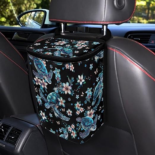 Turtle Floral Print Car Trash Can with Lid Collapsible Waterproof Cars Garage Bag Reusable Hanging Automotive Garbage Bin Cars Accessories Interior Car Organizer