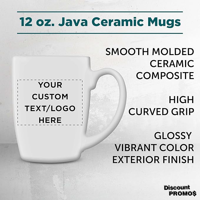DISCOUNT PROMOS Custom Curved Java Coffee Mug 12 oz. Set of 10/50/100 - Personalized Bulk Pack - Stoneware Restaurant Cups - White