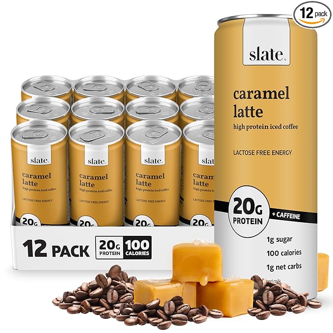 Slate Milk - High Protein Iced Coffee - Caramel Latte - 175mg Caffeine, Lactose Free Energy - 20g Protein, 1g Sugar, 100 Calories, 1g Net Carbs, No Sugar Added - Protein Coffee - 11 fl oz, 12 Cans