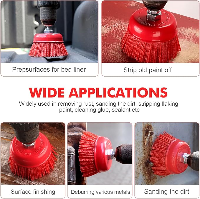 POLIWELL 4 Inch Nylon Filament Brush 5 Pack, 4” Abrasive Bristle Cup Brush Set 5/8"-11 Thread, 1/4" Arbor Max 8500 RPM for Variable Speed Angle Grinder, Polisher and Drill, Prep Surfaces for Bed Liner