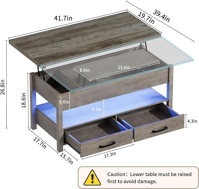 42'' Lift Top Coffee Table with LED, 4-in-1 Multifunctional Coffee Table with Drawers and Hidden Compartments, Converts to Dining Table for Living Room, Reception Room, Grey