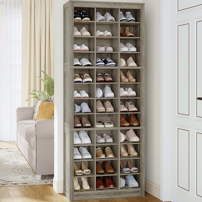 Hzuaneri Shoe Storage Cabinet, 36 Pairs Free Standing Closet Organizer, 8.8 inch Widened Cell Wood Shoe Organizer, 12 Tiers Vertical Space Saving Shoe Rack for Entryway, Cloakroom, Greige SR20705B