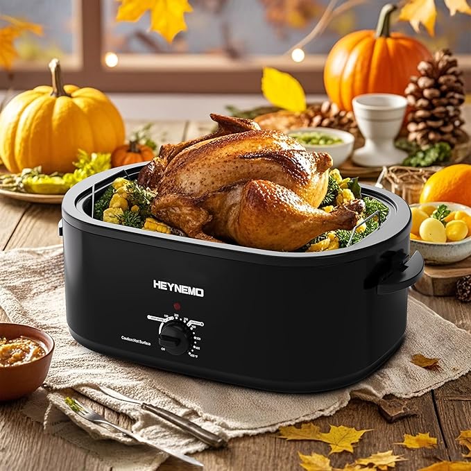 22 Quart Electric Roaster Oven with Visible & Self-Basting Lid, Large Turkey Roaster with Defrost Warm Function, Adjustable Temperature, Removable Pan Rack, Stainless Steel