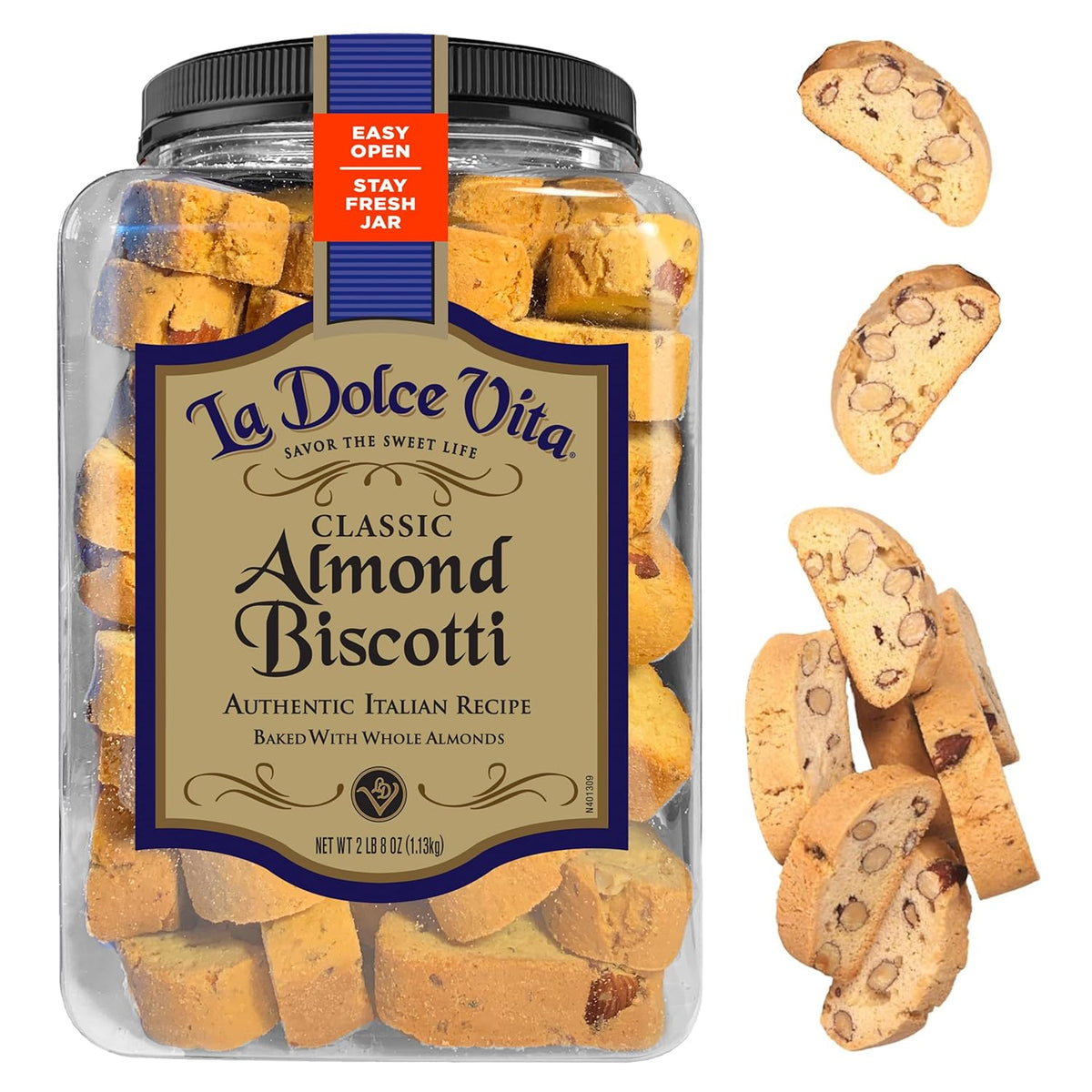 La Dolce Vita Classic Almond Italian Biscotti Cookies, 40 oz jar, gourmet coffee and tea dipping snack