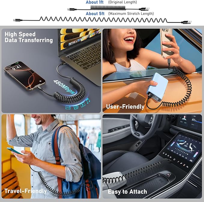 3 Pack 65W Multi Port 12V USB C & USB A Car Charger Adapter with 5 Pack Coiled USB Type C Coiled Cable Compatible for iPhone, Galaxy, Google and Other Android Devices