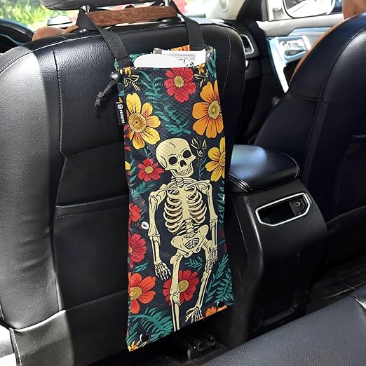 ALAZA Hanging Car Trash Bags Garbage Bag Trash Can for Back Seat Small Skeleton and Flower Washable Storage Bag Retractable 2 Pack
