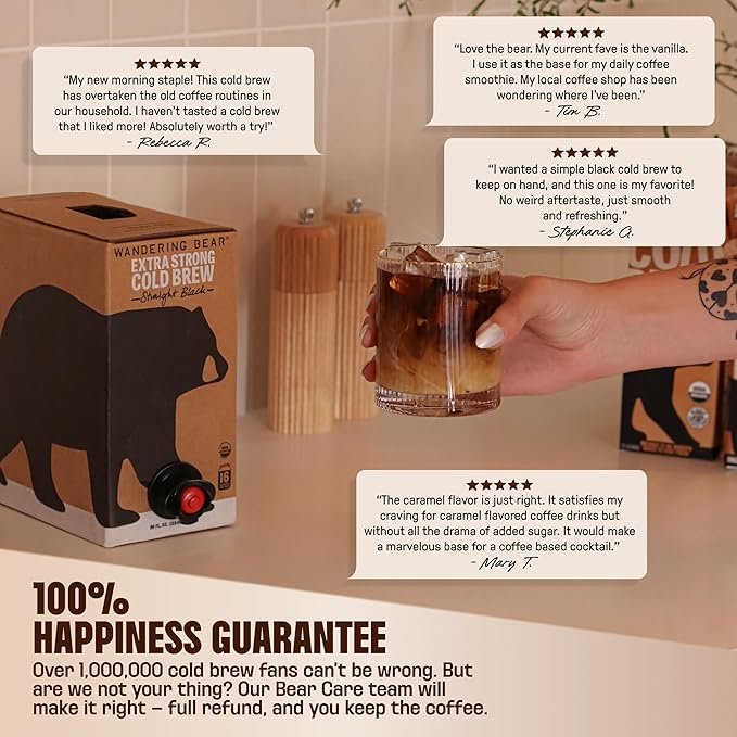 Wandering Bear Espresso Roast Organic Cold Brew Coffee On Tap, Iced Coffee Drink - Extra Strong, Smooth, No Sugar Added, Shelf-Stable, Ready to Drink, 100% Organic & Vegan - 16 Servings of 6fl.oz - 96fl.oz