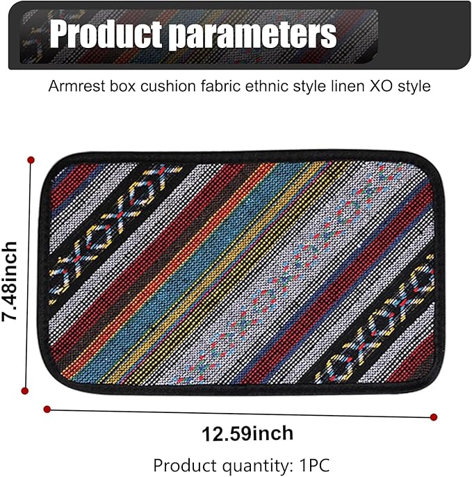 Car Center Console Cover, 12.6x7.5 Inch Car Armrest Pad, Boho Style Linen Armrest Seat Box Cover, Auto Armrest Cover Protector for Most Vehicle, SUV, Truck