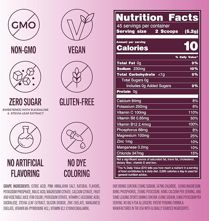 TREVI™ Sugar Free Electrolytes - Everyday Hydration Drink Mix Hydration Powder Multi Serving Tub - 45 Serving - Grape