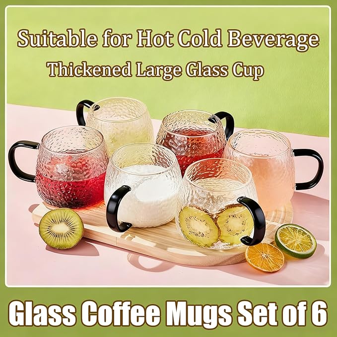 Viovian 15oz Glass Coffee Mugs Set of 6 Vintage Coffee Cups With Handles,Embossed Glass Mug for Hot Cold Beverage Clear Tea Cup for Women Birthday Gifts